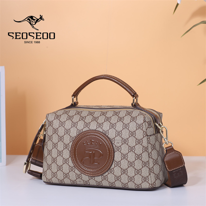 九州袋鼠真皮手提包印花波士顿枕头包高级复古大容量单肩斜挎包潮