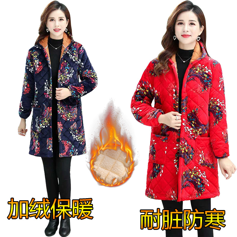 冬加绒加厚女棉服冬季外套保暖妈妈装宽松大码棉袄罩衣中老年女装