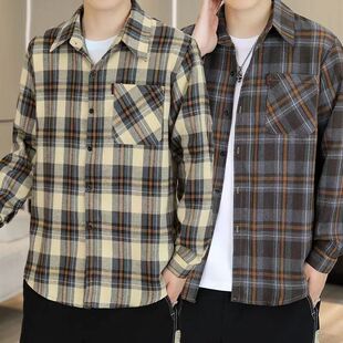 春秋季格子衬衫男士秋季中青年上衣薄款外套男款韩版潮流长袖衬衣