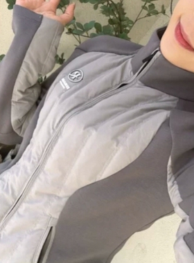 地球店灰色拼接收腰轻薄羽绒服女秋冬短款修身显瘦小众设计感外套