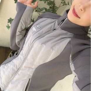 地球店灰色拼接收腰轻薄羽绒服女秋冬短款修身显瘦小众设计感外套
