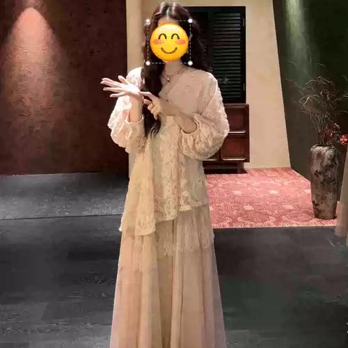 AVLINVA【镜花月】新中式绣花早春漂亮连衣裙子国风蕾丝拼纱长裙