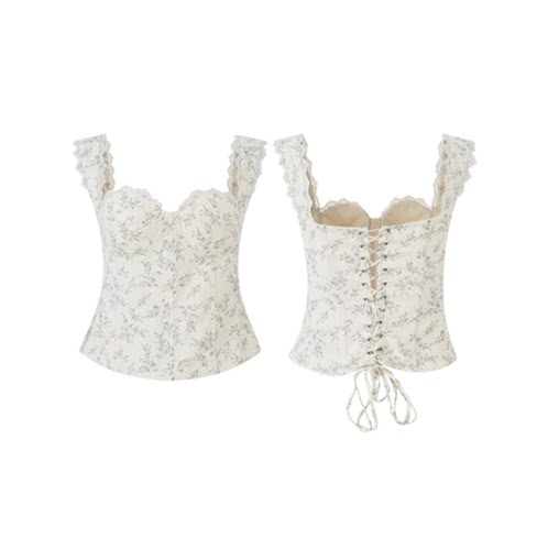 AVLINVA 奶甜鱼骨 美式甜心碎花鱼骨抹胸中世纪花苞少女裙裤女