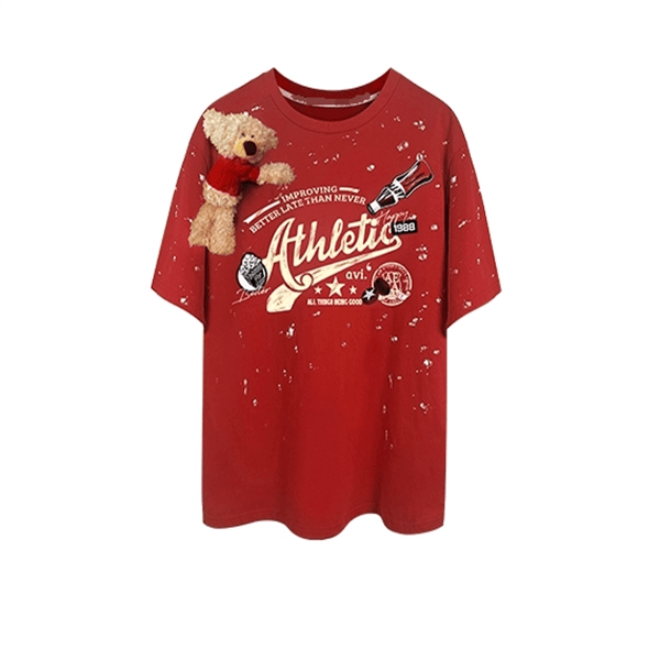 地球店红色卡通印花设计感圆领短袖T恤女夏宽松百搭公仔设计上衣