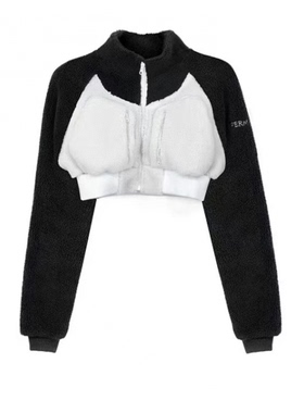 【地球店】黑白拼色立领短款修身颗粒绒休闲外套女2023年春秋新款