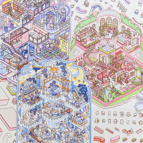 纸迹动物园小班喵呜悠想日造景贴纸卡通场景微缩3d立体小屋贴画