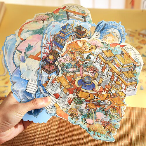 神话东方造景贴纸古风大号场景堆叠微缩3d小屋国风造景贴画超大版