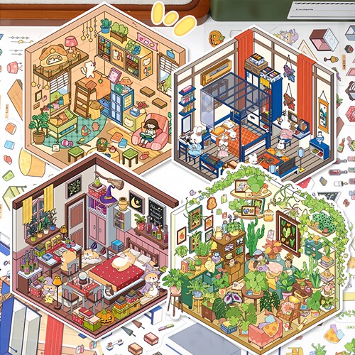 艺蓝小号迷你造景贴纸3D立体场景贴纸微缩场景拼贴手帐贴画玩具