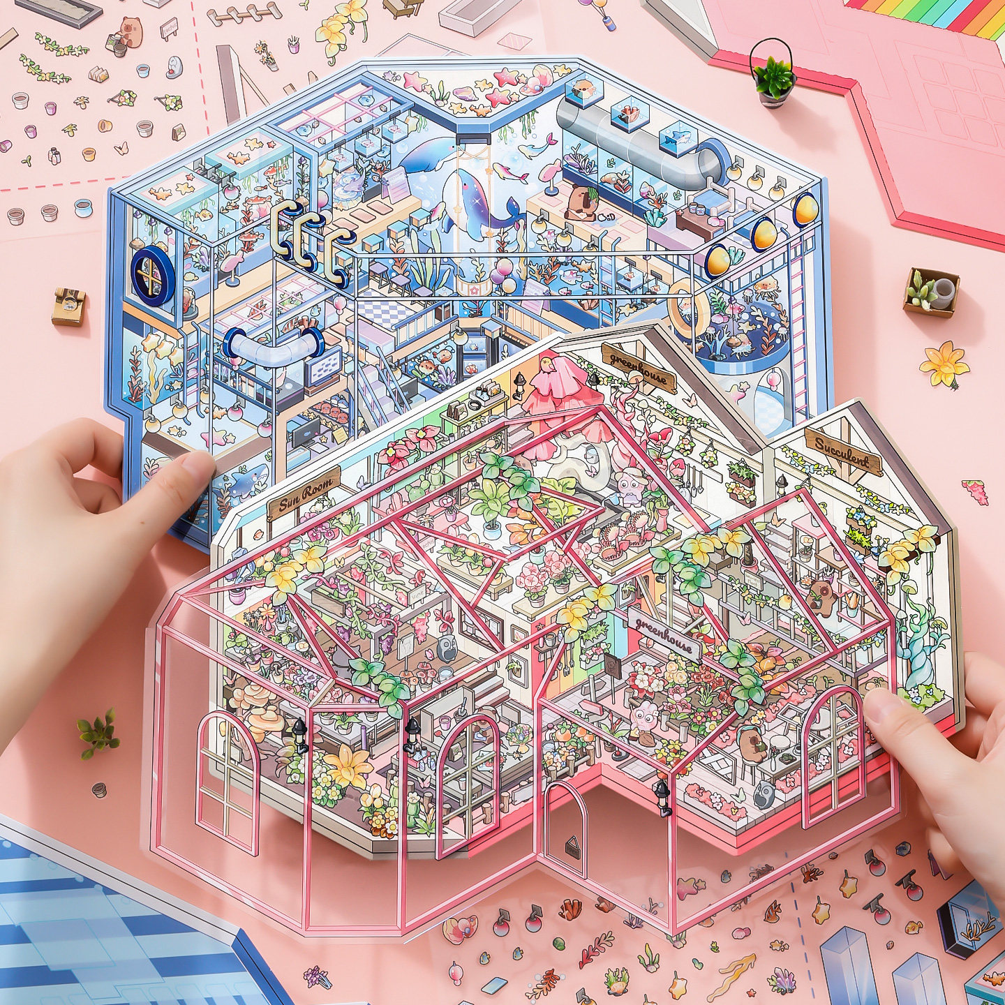 芯陌造景贴纸玻璃小屋新款模拟生活花房微缩场景贴画大号高难度