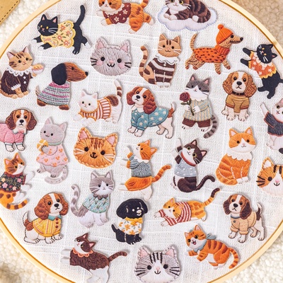番茄酱少女绒绣萌刺绣风可爱卡通动物小狗猫咪复古无白边手帐贴纸