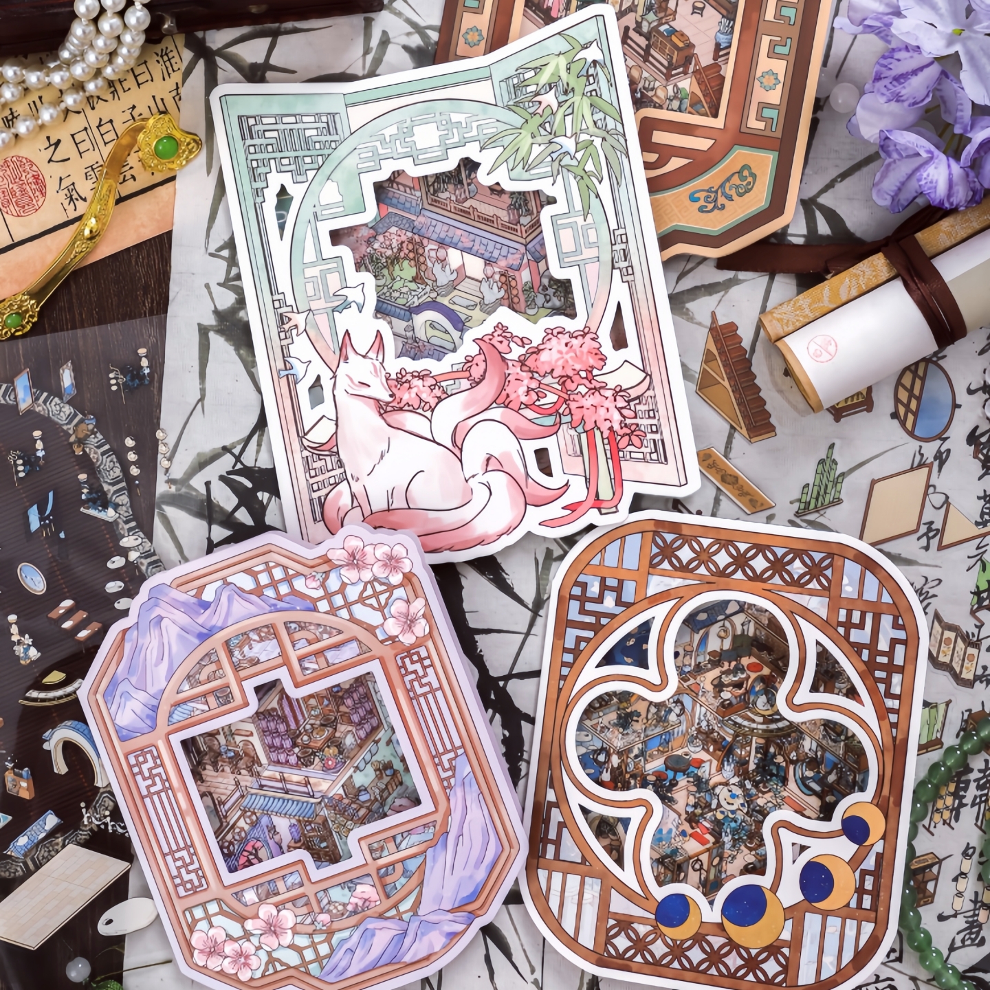 纸迹纸落云烟翻盖造景贴纸大号古风场景立体微缩国风贴画高难度