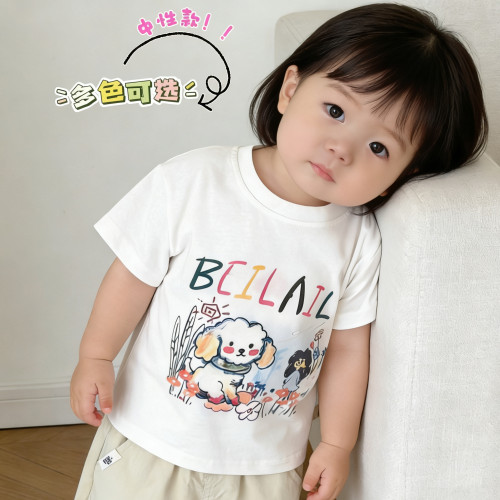 新款宝宝衣服夏季短袖T恤卡通薄款婴儿衣服白色小童t恤小月龄半袖