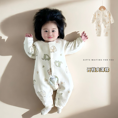 婴儿秋冬薄棉夹棉保暖开裆连体衣无骨新生儿衣服爬服宝宝连身衣