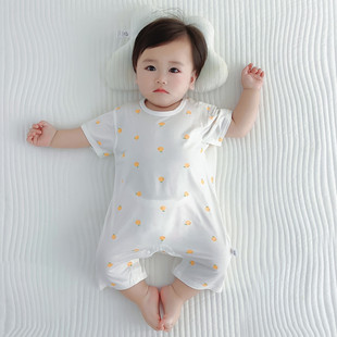 婴儿衣服夏薄款 男女宝宝爬服婴幼儿连体衣 莫代尔无骨圆领肩扣短袖