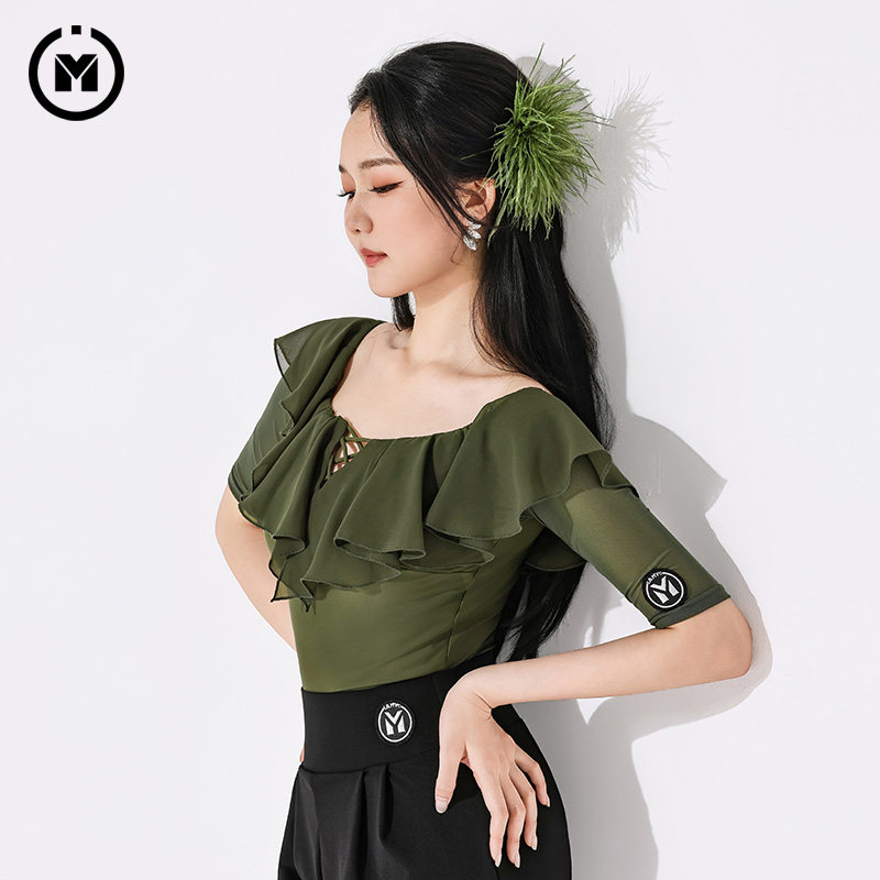 IAMYC摩登舞女成人一字领雪纺荷叶边五分袖连体上衣练功服B10212