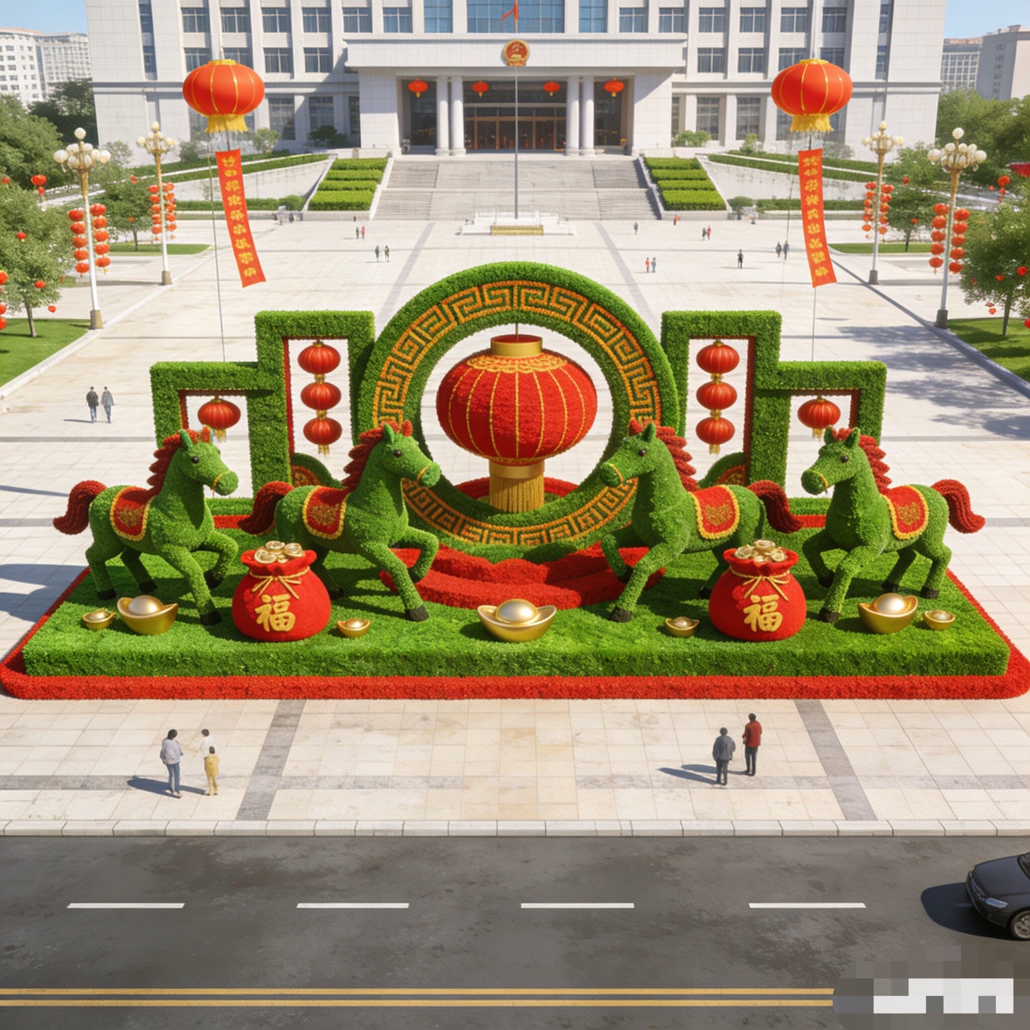 马年春节氛围打造仿真绿雕景观雕塑公园动物卡通造型工艺品厂家