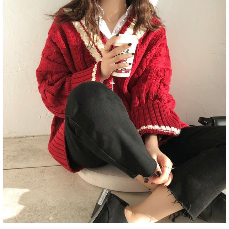 p2/37韩版拼色加厚v领毛衣女学生秋冬学院风宽松复古麻花针织