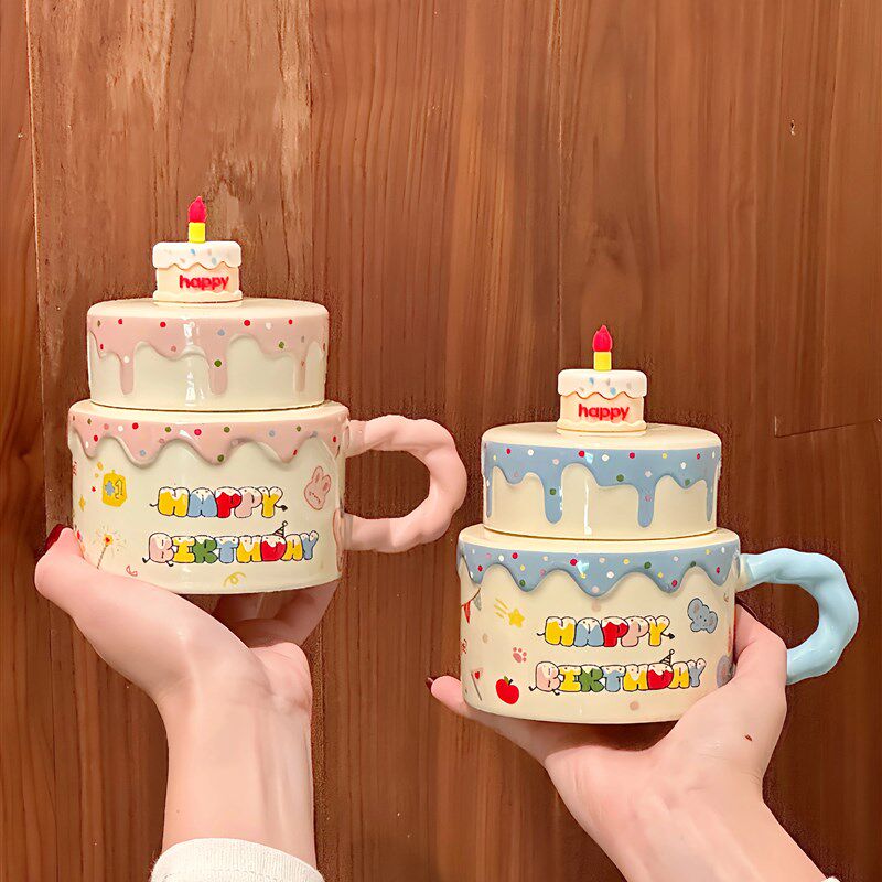 奶fufu可爱卡通蛋糕陶瓷带盖马克水杯子生日礼品男女生送闺蜜朋友