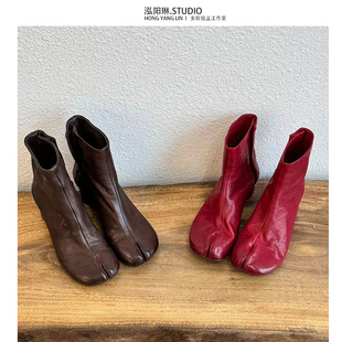 ~水洗马皮分趾靴粗高跟马猪蹄短靴女法式复古小众真皮靴冬