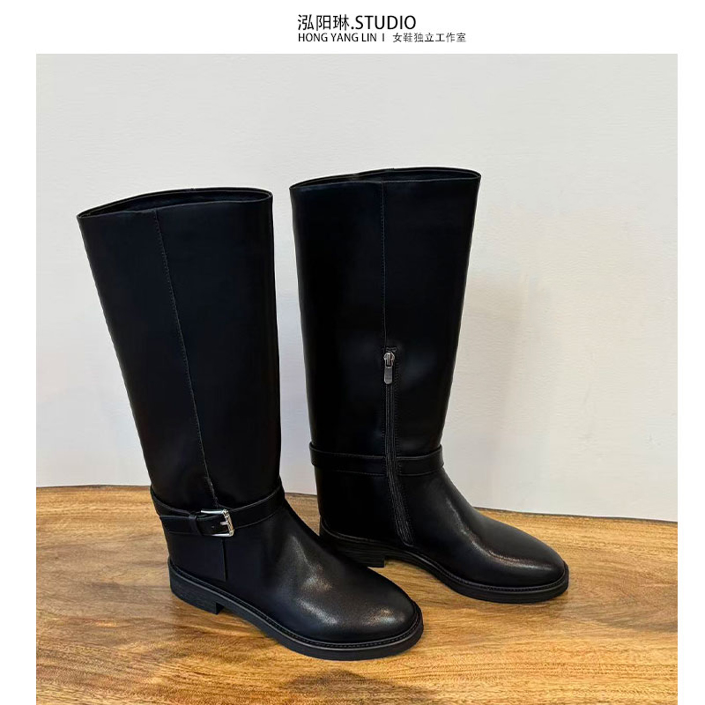 泓阳琳~黑色长筒靴子女款骑士靴
