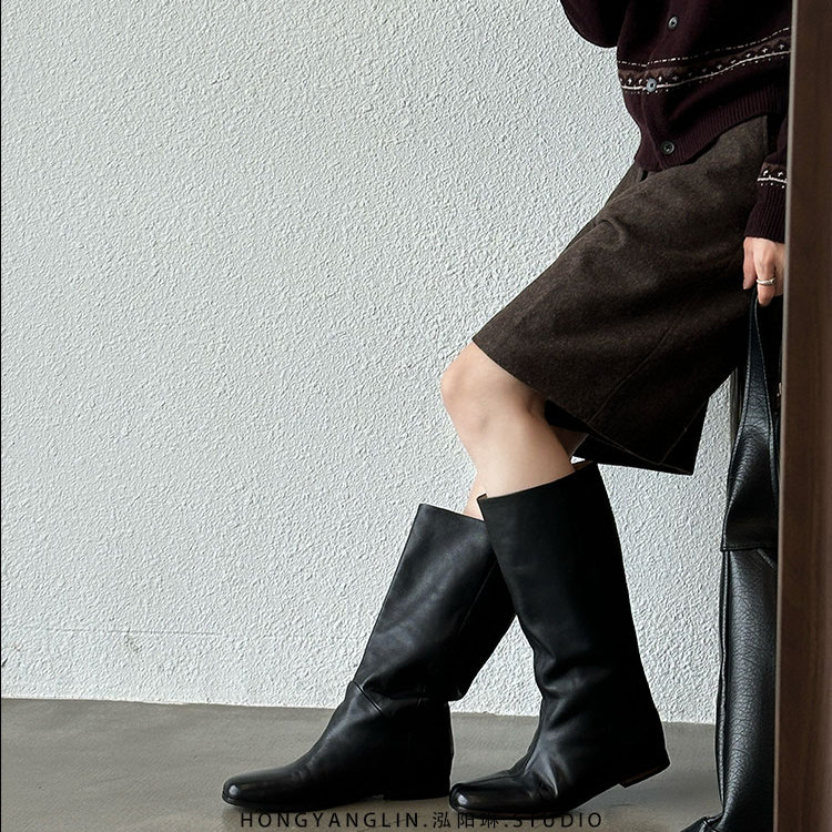棕色内增高长筒靴子2025冬季新款