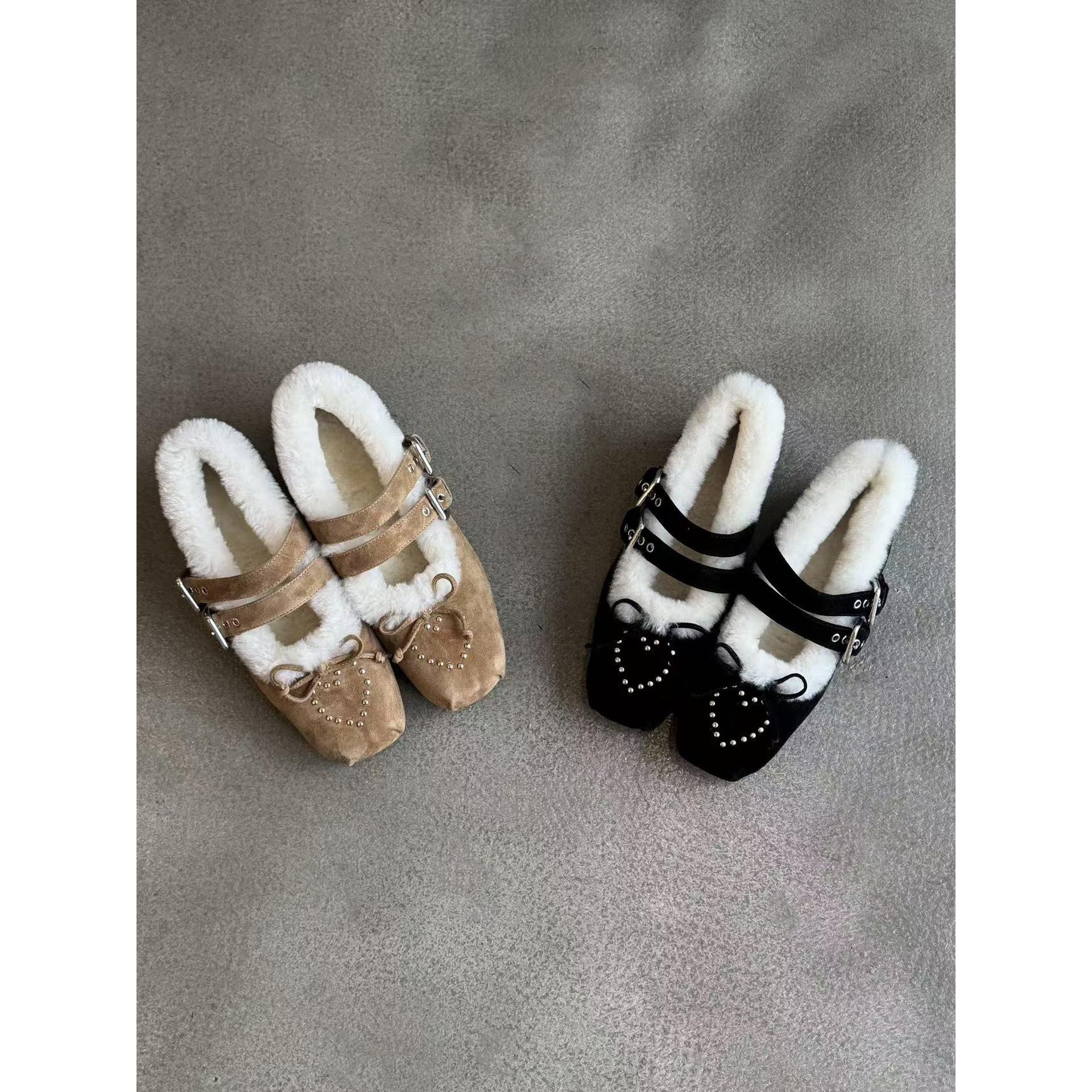 泓阳琳~羊毛玛丽珍单鞋女冬季一字扣带毛毛鞋保暖加绒方头雪地靴