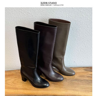 泓阳琳 秋冬圆头高跟长筒靴女不过膝高筒骑士靴粗跟长靴 2025新款