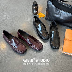 泓阳琳~小众褶皱乐福鞋女款2026春季新款软皮复古单鞋通勤小皮鞋