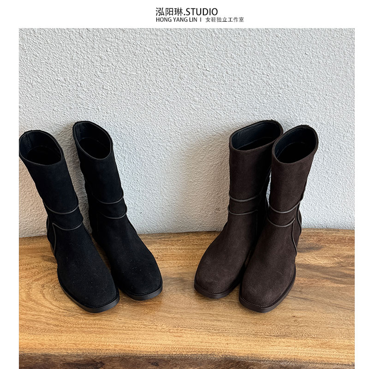 泓阳琳~黑色磨砂皮平跟短靴女2026冬季新款粗跟中筒真皮马丁靴子