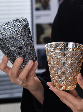 高级宝石纹浮雕ins玻璃杯家用简约复古牛奶果汁水杯牛奶咖啡茶杯