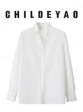 高端 青城白雪 法式宫廷花边衬衫女士V领百搭纯色长袖棉衬衣N204