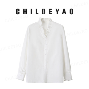 女士V领百搭纯色长袖 高端 宫廷花边衬衫 法式 棉衬衣N204 青城白雪