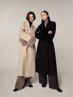 周淼zhoumiao双面羊毛大衣女中长款秋冬高级感真狐狸毛袖羊毛外套