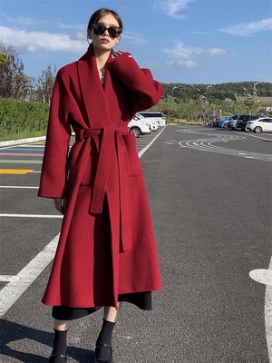 红色双面羊绒大衣女中长款