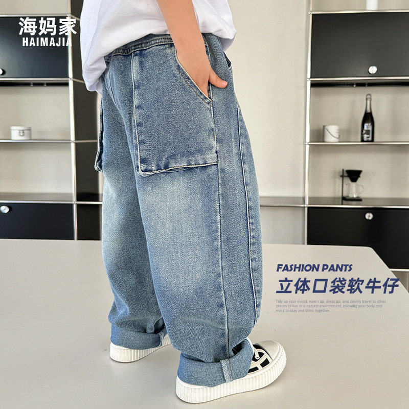 大童牛仔裤洋气长裤男童春季春装儿童童装薄款中大童软牛仔蓝色