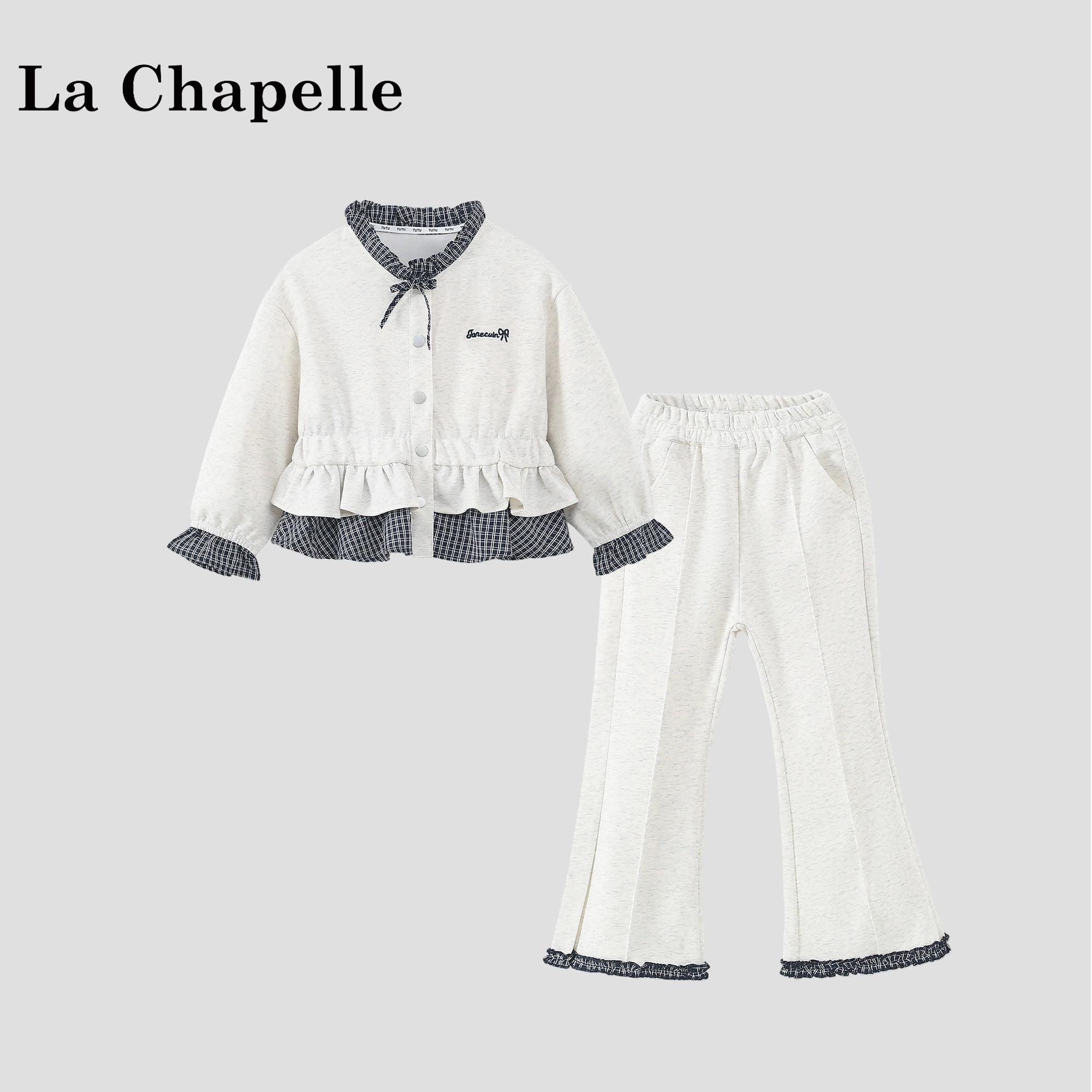 拉夏贝尔女童学院风格纹套装2026春款儿童格子上衣女宝洋气两件套