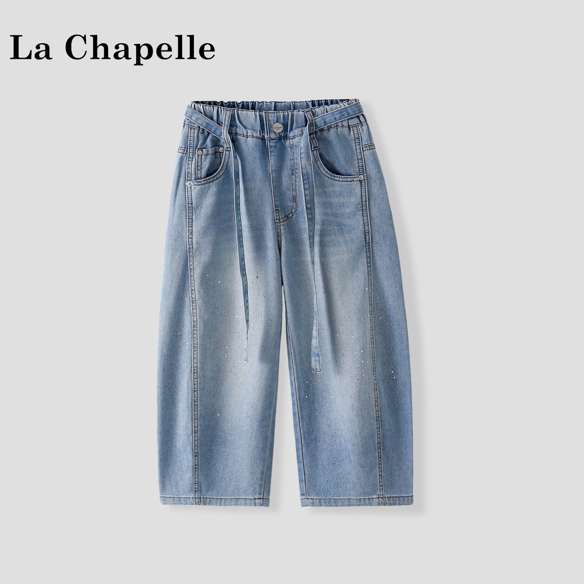 拉夏贝尔女童弯刀阔腿裤春秋装2026新款儿童烫钻工装风阔腿牛仔裤