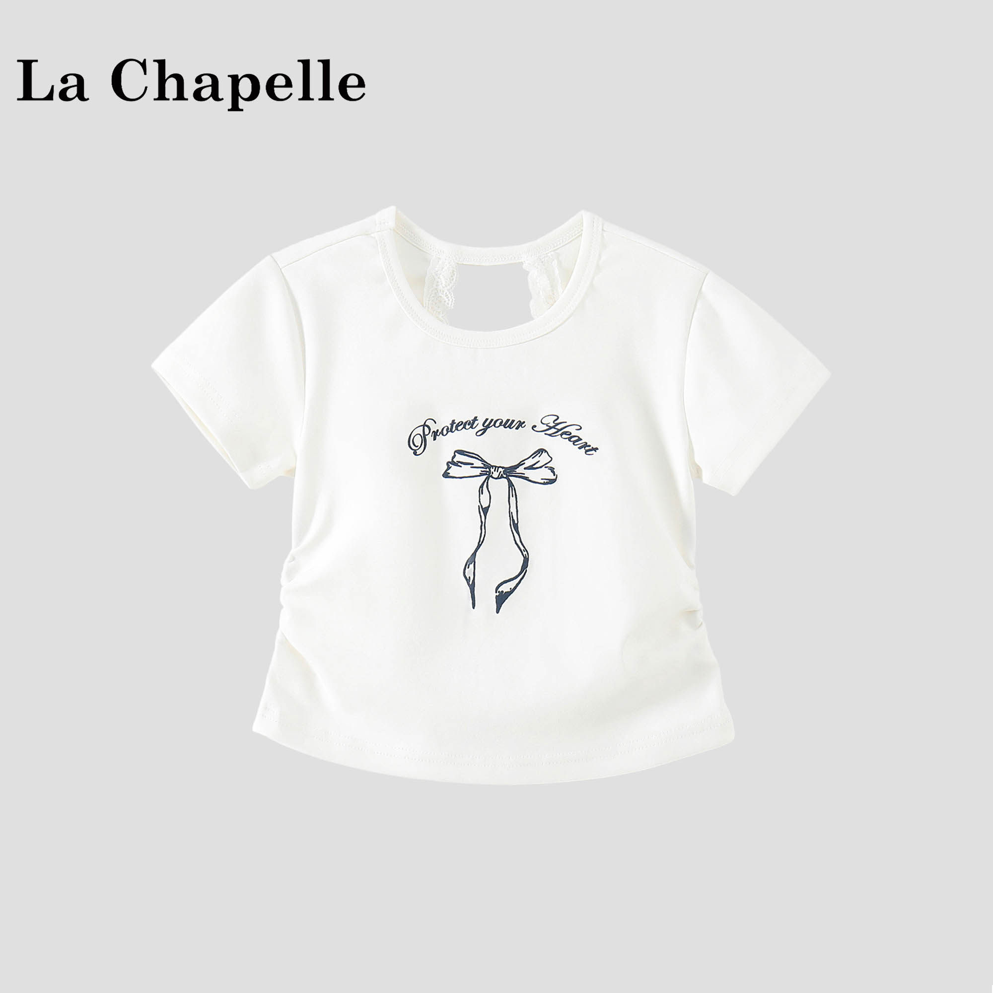 拉夏贝尔女童蝴蝶结T恤衫2026新款女宝韩版印花夏装女孩短袖上衣