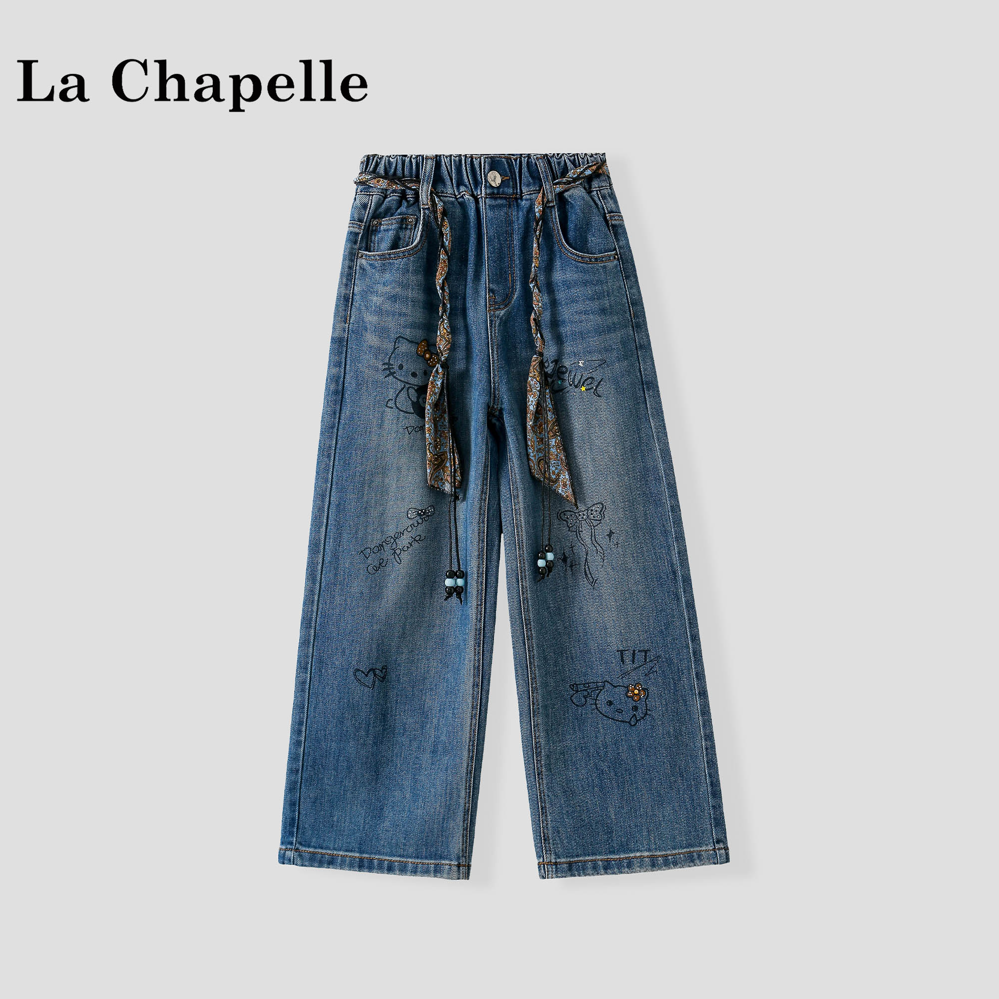 La Chapelle【拉夏贝尔】秋季韩版卡通印花儿童直筒牛仔裤LA3175