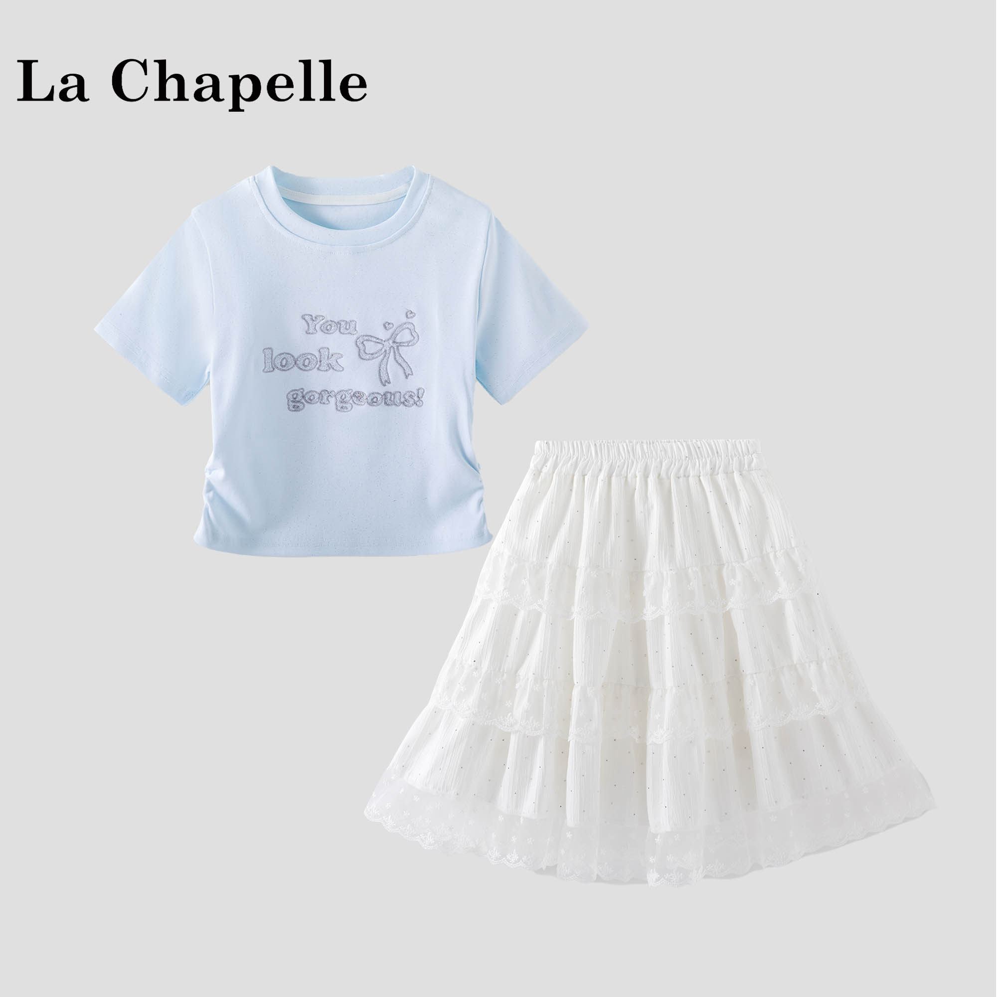 拉夏贝尔女童夏季套装2026新款儿童衣服女宝印花T恤半身裙两件套