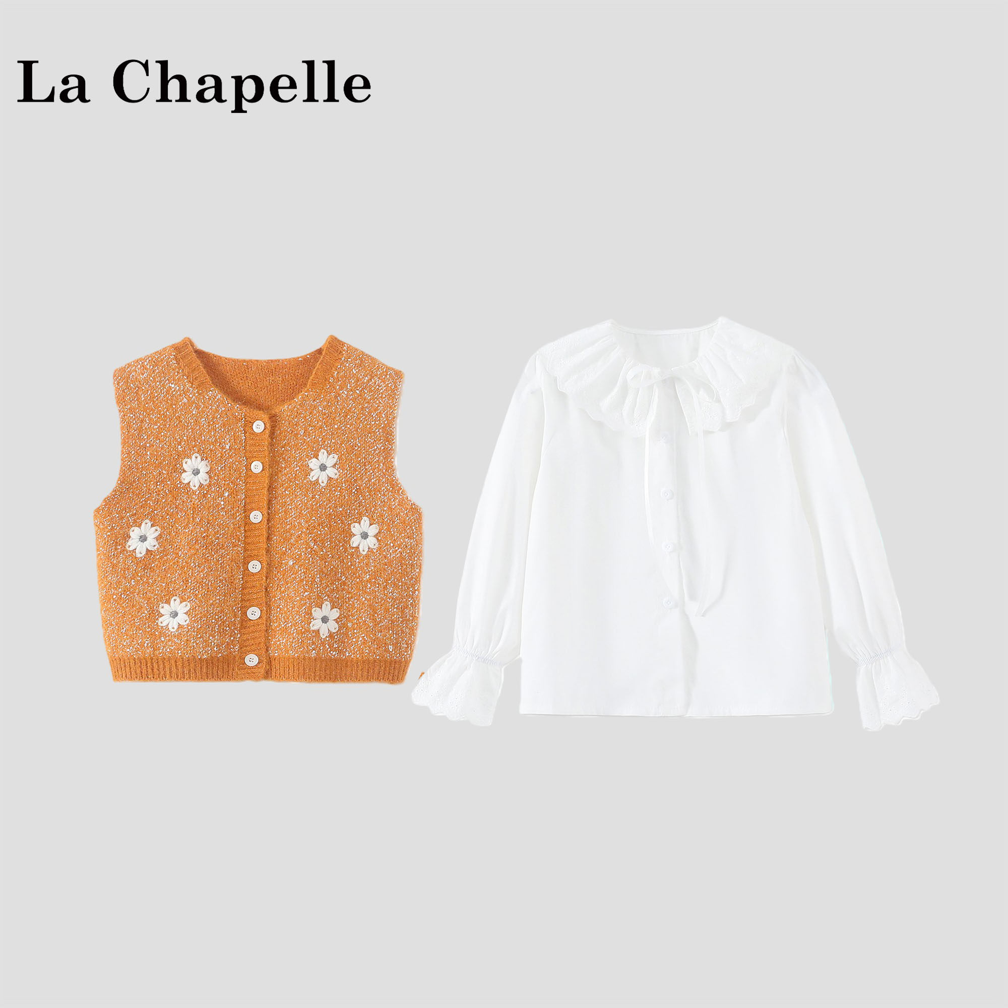 拉夏贝尔女童针织套装2026新款儿童韩系娃娃领衬衫春秋毛衣两件套