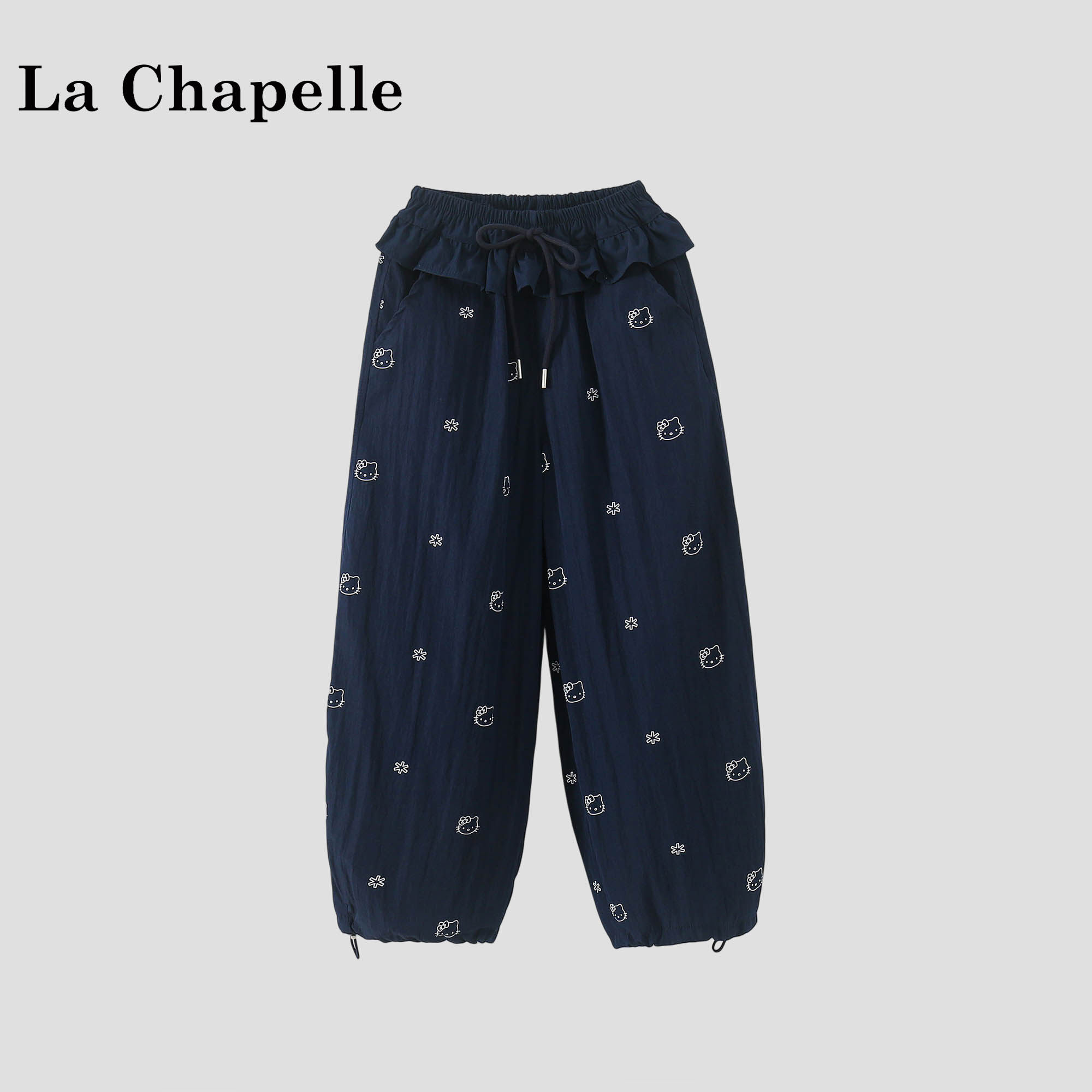 拉夏贝尔女童花边休闲裤2026新款女童裤子夏薄款儿童猫咪满印长裤