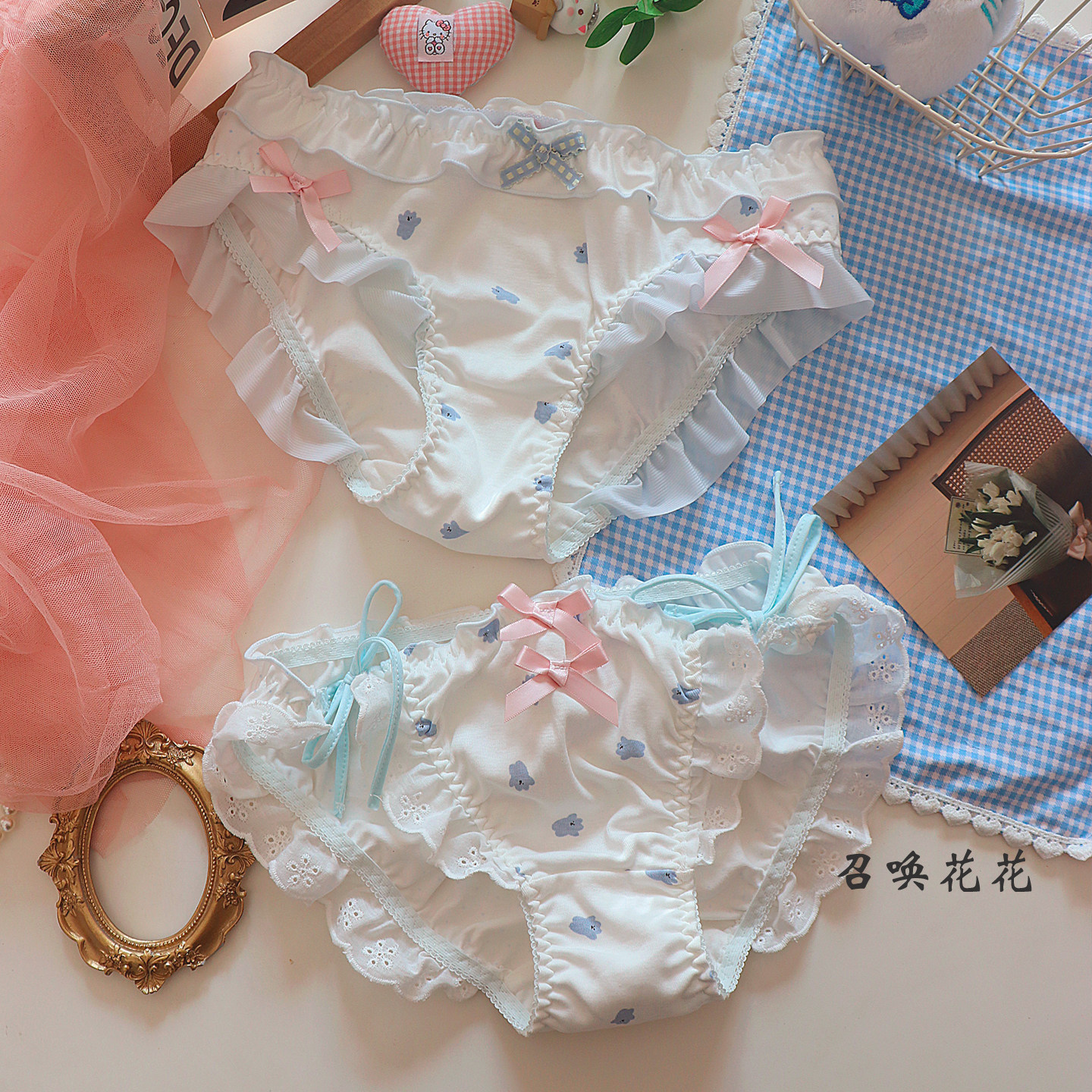 约素 奶萌小熊~纯欲日系系带内裤女甜美可爱性感浅蓝女生三角裤棉