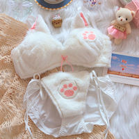 Yusu Milk Powder Cute Cat Autumn and Winter plush underwear, cute female cat bear, no steel ring, gathering bra set for warmth thumbnail 3
