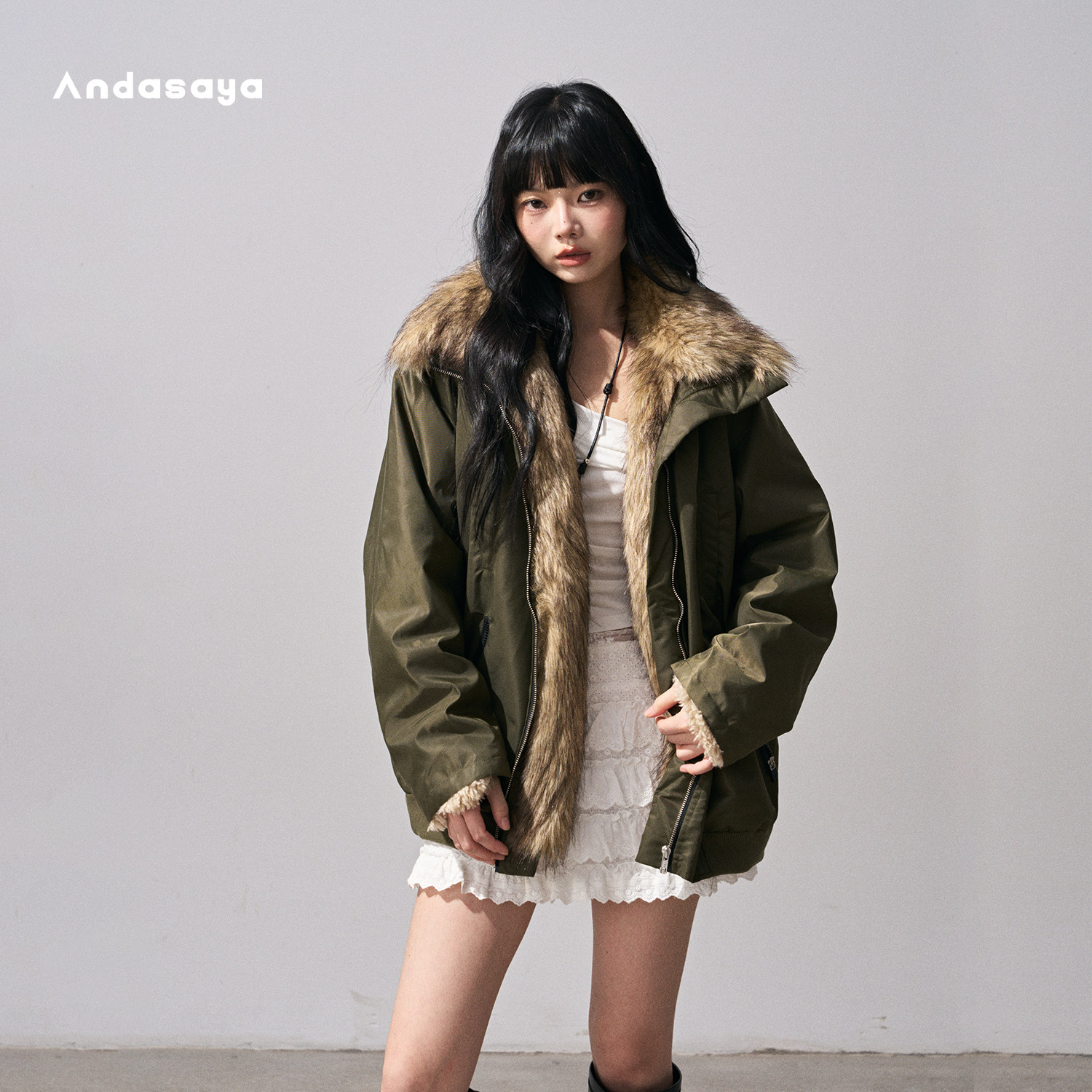 Andasaya 环保狐狸毛皮草外套女2025新款百搭廓形韩系百搭派克服