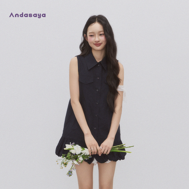 Andasaya 衬衫领连衣裙无袖裙子百搭休闲百搭单排扣中长款背心裙