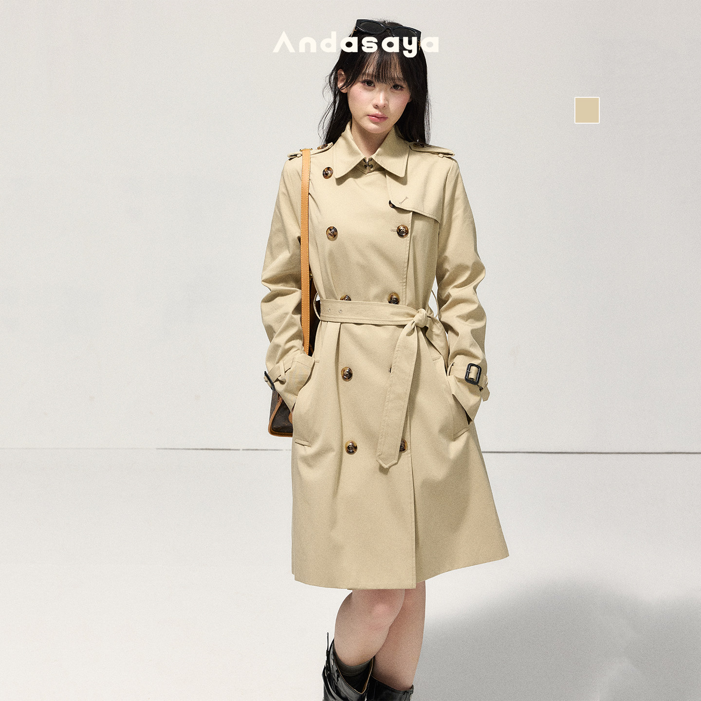 Andasaya 风衣女款2026新款中长款双排扣绑带卡其色秋季外套