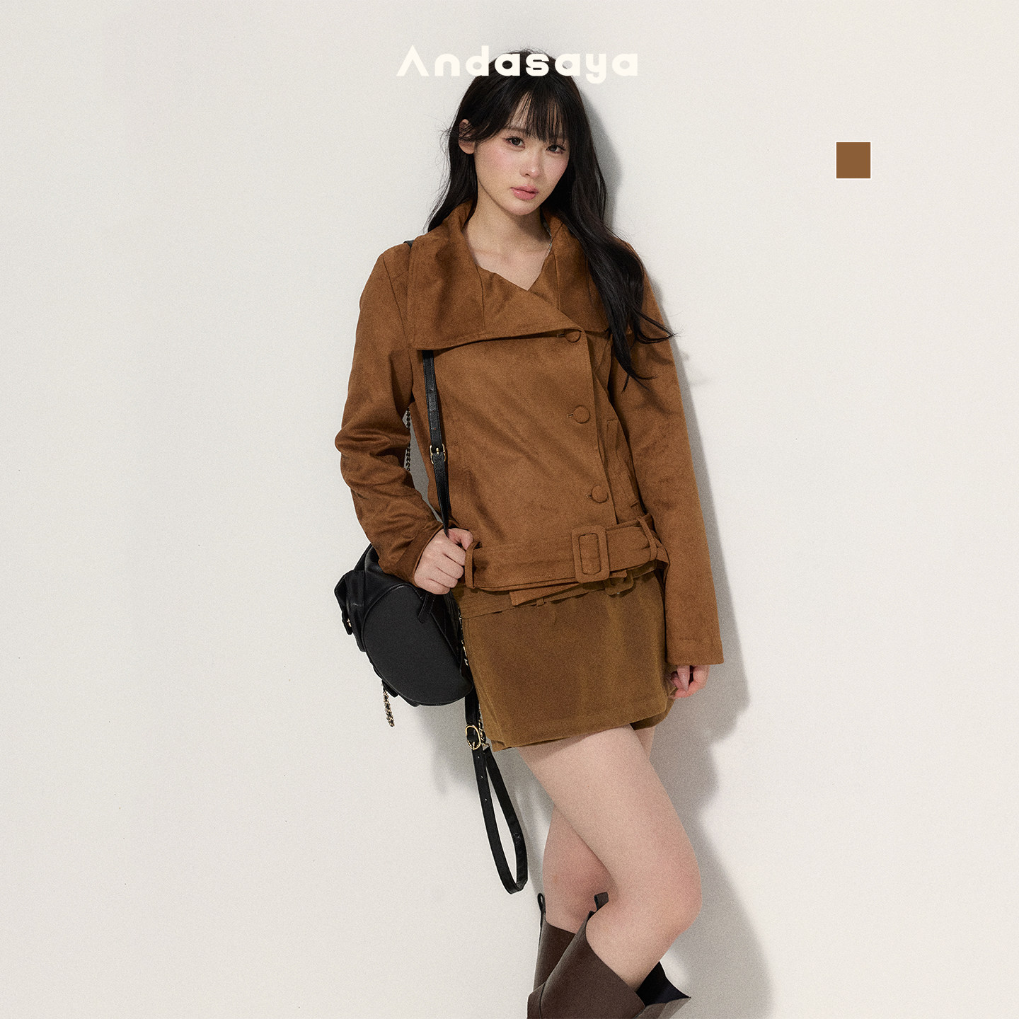 Andasaya 斜领麂皮外套女短款绑带大翻领小众设计感美拉德秋季