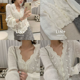 16马海毛 LIN 含18绵羊毛 手工花瓣边钻扣保暖毛衣 CY8 法式