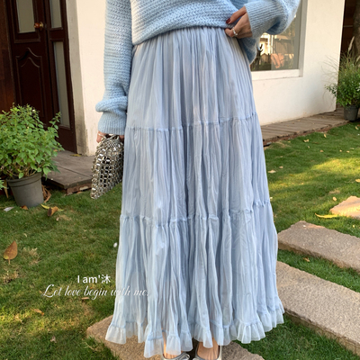 I am沐-小清新色系网纱皱皱设计高腰松紧大裙摆仙仙半身裙SK8552